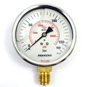 Pakkens Bottom Connection Glycerin Filled Pressure Gauge Ø100 mm 160 Bar 1/2"