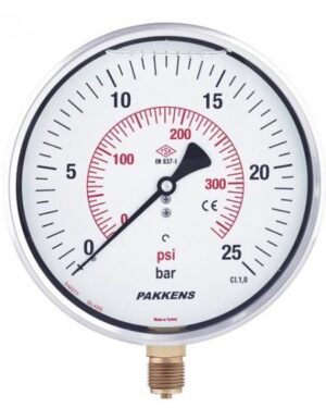PAKKENS Bottom Connection Glycerin Filled Pressure Gauge R1/2'' 25 Bar 160 mm CL1.6