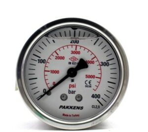 PAKKENS Back Connection Glycerin Filled Pressure Gauge Ø63 mm 400 Bar