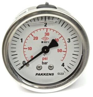 PAKKENS Back Connection Glycerin-Filled Pressure Gauge Ø63 mm 0-4 Bar 1/4''