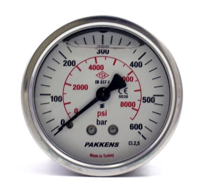 PAKKENS Back Connection Glycerin Filled Pressure Gauge 100 mm 600 Bar 1/2"