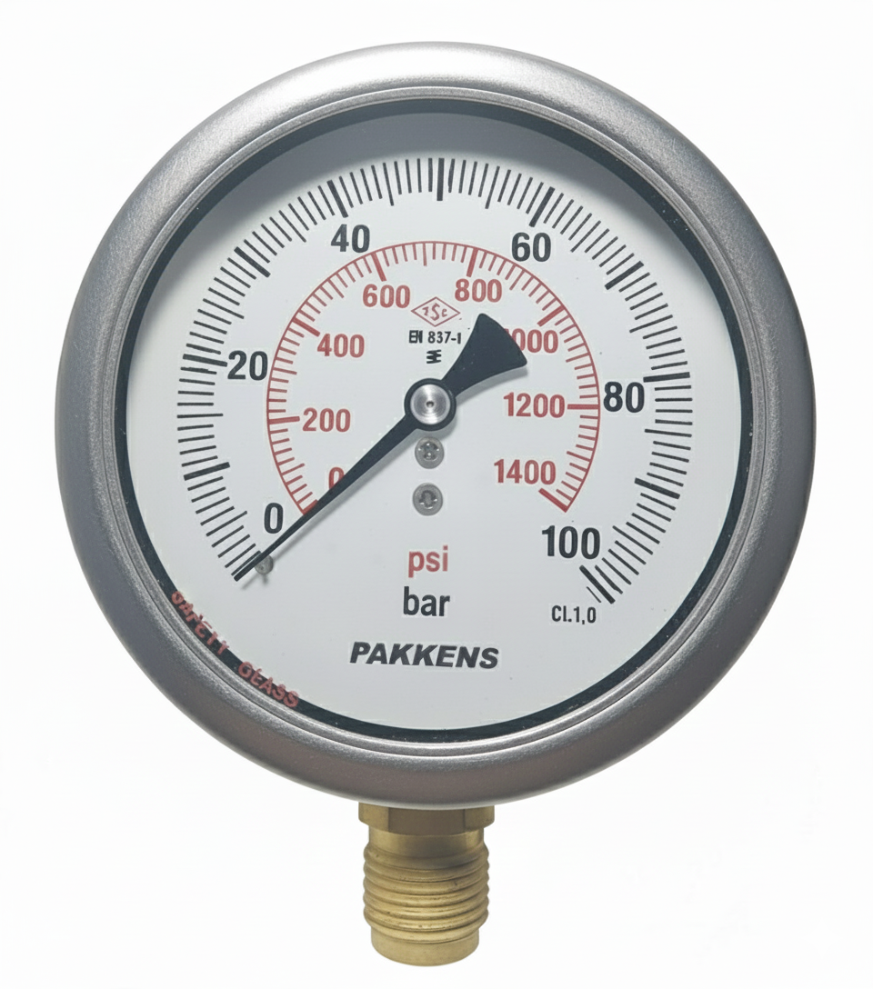 PAKKENS Bottom Connection Glycerin Filled Pressure Gauge Ø100 mm 100 Bar