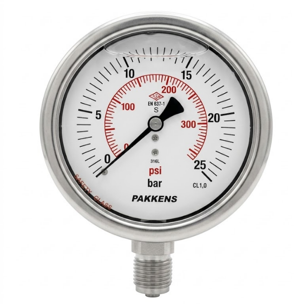 Pakkens Bottom Connection Glycerine Filled Pressure Gauge Ø100 mm 25 Bar 1/2"