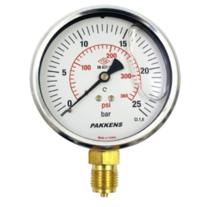 Pakkens Bottom Connection Glycerin Filled Pressure Gauge Ø100mm 25 Bar 1/2"