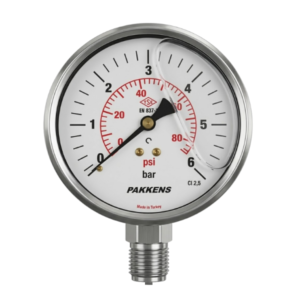 Pakkens Bottom Connection Glycerine Filled Stainless Steel Pressure Gauge Ø63mm 6 Bar 1/2"