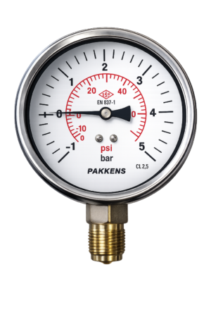 PAKKENS Bottom Connection Glycerin Filled Vacuum Pressure Gauge Ø63 mm -1/+5 Bar