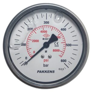 PAKKENS Rear Connection Glycerin Filled Pressure Gauge Ø100 mm 600 Bar 1/2"