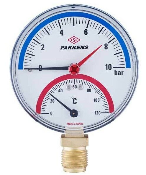 PAKKENS Bottom Connection Combined Gauge Ø100 10 Bar/0-120°C